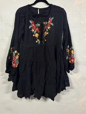 Free People Small Black Embroidered Floral Long Sleeve Mini Dress